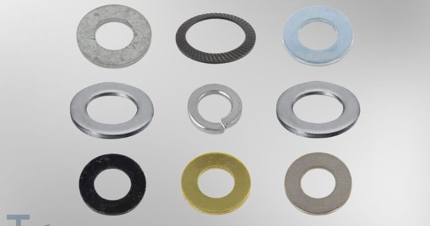 An assortment of industrial washers from THV Fasteners, including flat washers, spring lock washers, and serrated washers in various materials and finishes.