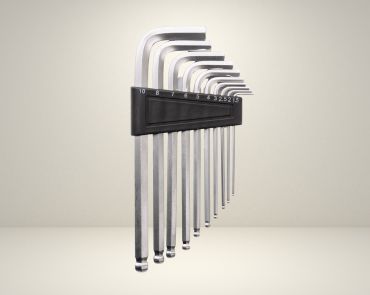 A full set of ball end long-arm hex keys from THV Fasteners, organized by size in a holder, designed for accessing bolts at an angle.