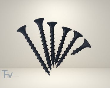 A collection of six black phosphate drywall screws from THV Fasteners of varying sizes, designed for superior grip and corrosion resistance.
