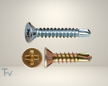 Two countersunk head self-drilling screws from THV Fasteners, one zinc-plated and one yellow zinc, showing their drill points and flat heads for flush finishing.