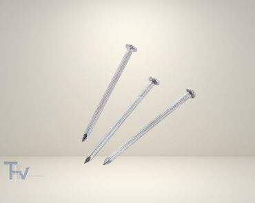 Three hardened steel concrete nails from THV Fasteners, designed for strong, direct fastening into concrete and masonry, highlighting their sharp points and robust construction.