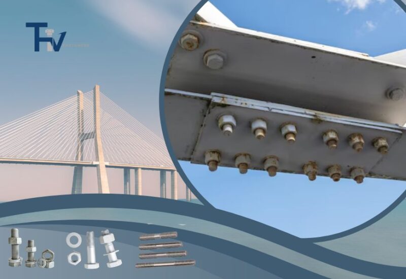 High-strength structural bolts from THV Fasteners used in a steel beam connection on a large cable-stayed bridge.