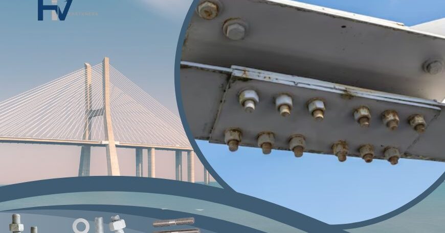 High-strength structural bolts from THV Fasteners used in a steel beam connection on a large cable-stayed bridge.