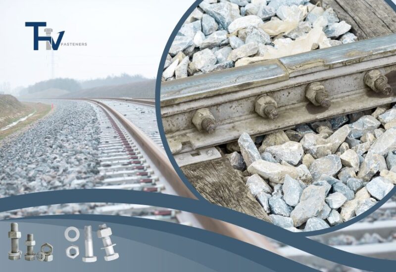 Heavy-duty track bolts and nuts from THV Fasteners securing a railroad track, showcasing their application in railway infrastructure.