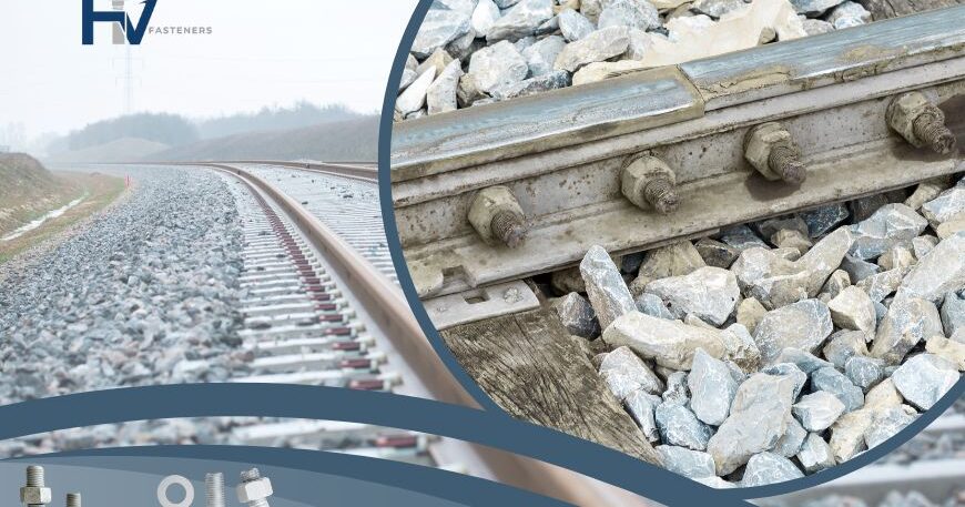 Heavy-duty track bolts and nuts from THV Fasteners securing a railroad track, showcasing their application in railway infrastructure.