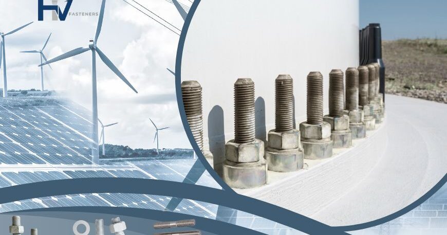 High-strength anchor bolts and stud bolts from THV Fasteners securing the base of a wind turbine, highlighting their use in the renewable energy sector.