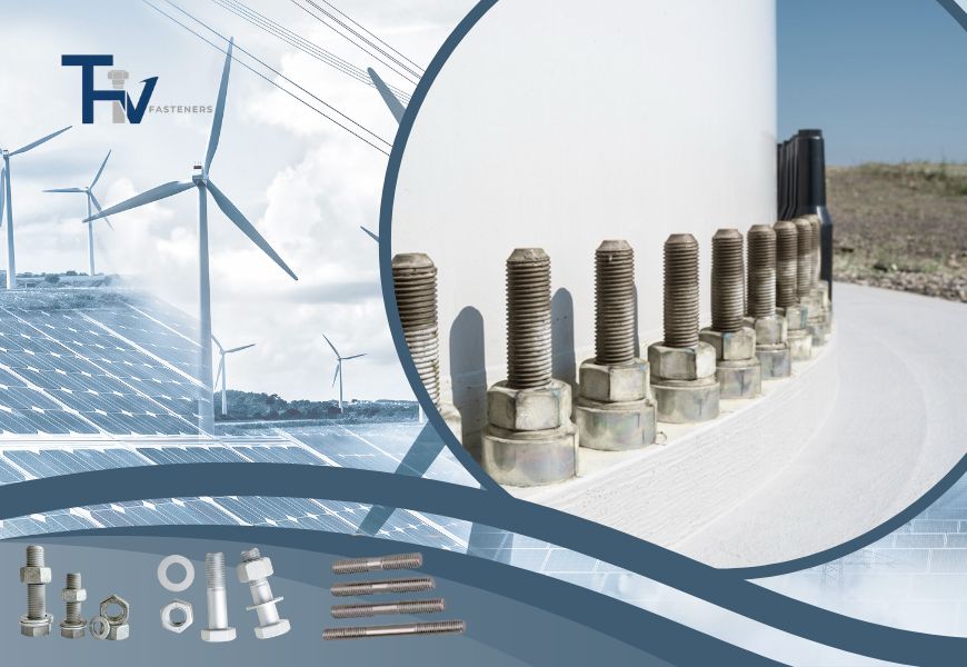 High-strength anchor bolts and stud bolts from THV Fasteners securing the base of a wind turbine, highlighting their use in the renewable energy sector.