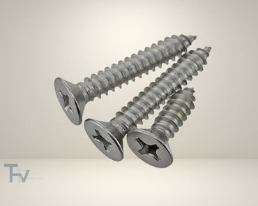 Three flat head self-tapping screws from THV Fasteners, with a countersunk design and Phillips drive, ideal for flush finishing in various materials.