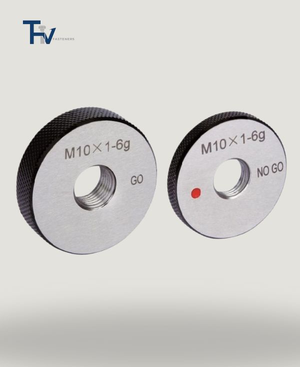 A set of M10x1-6g GO and NO-GO ring gauges from THV Fasteners' lab, used for precise thread inspection of external threads on fasteners.