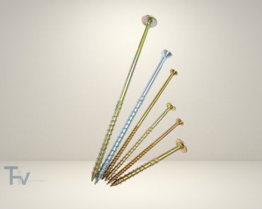 Four long, high-performance GRK-style wood screws from THV Fasteners, featuring a specialized yellow zinc coating and unique thread design for heavy-duty construction.