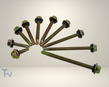 A fan-shaped arrangement of hex head self-drilling screws with integrated washers, featuring a yellow zinc finish for roofing and heavy-duty applications from THV Fasteners.