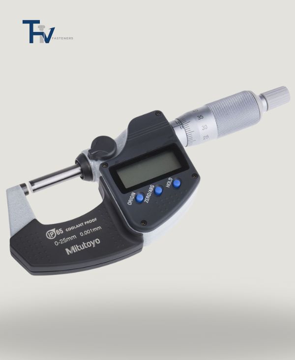 A Mitutoyo IP65 coolant-proof digital micrometer from THV Fasteners' lab, used for highly accurate dimensional measurement of small components.