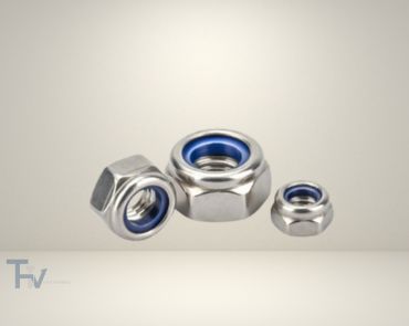 Three stainless steel nylon insert lock nuts of different sizes from THV Fasteners, showing the blue nylon ring that prevents loosening from vibration.