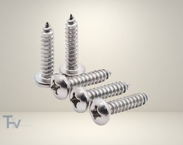 A group of shiny oval head self-drilling screws from THV Fasteners, showcasing their rounded heads and sharp drill points for versatile fastening in metal and other materials.