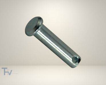 A single, precision-machined pin with a flat head and a through-hole from THV Fasteners, ideal for accurate alignment and secure positioning in mechanical assemblies.