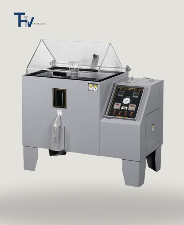 A salt spray testing chamber from THV Fasteners' lab, used to evaluate the corrosion resistance of coated fasteners under simulated harsh conditions.