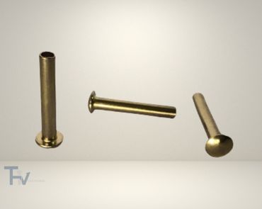 Three brass semi-tubular rivets from THV Fasteners, showcasing their hollow ends and flanged heads, used for creating strong, permanent joints in sheet metal and light assemblies.