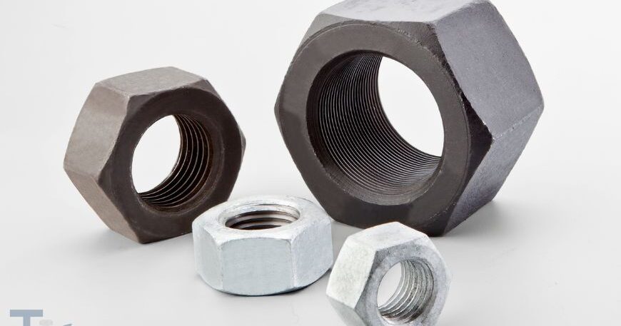 A collection of high-quality industrial nuts from THV Fasteners, showcasing a variety of types including hex nuts, nylon insert lock nuts, and cap nuts in different sizes and finishes.