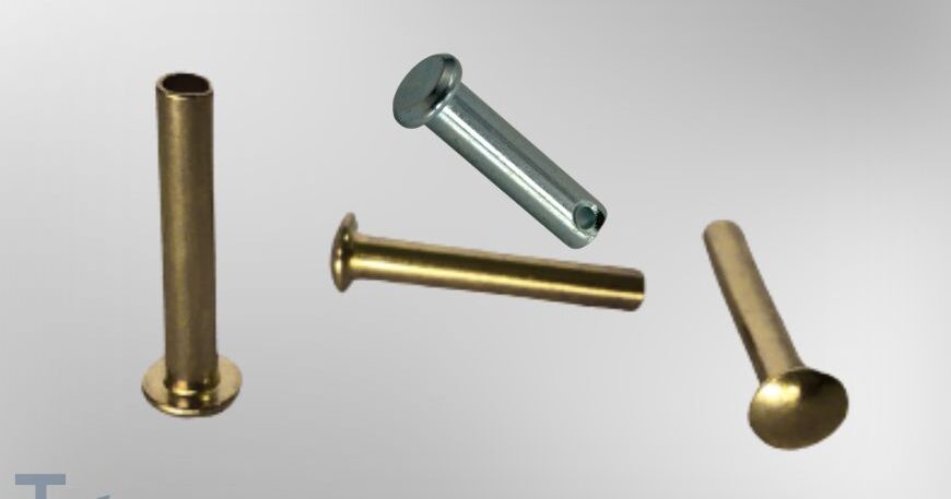 Bức ảnh này thể hiện một bộ sưu tập các loại đinh tán (rivets) và chốt (pins) công nghiệp, được sắp xếp một cách nghệ thuật trên nền tối.