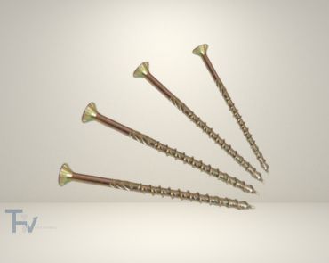 Five Torx countersunk chipboard screws from THV Fasteners, featuring zinc and bronze finishes, designed for strong, cam-out resistant fastening and a flush finish.