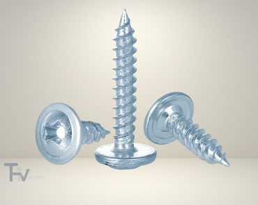 A cluster of black truss head self-tapping screws from THV Fasteners, featuring a wide, low-profile head for maximum clamping surface on thin materials.