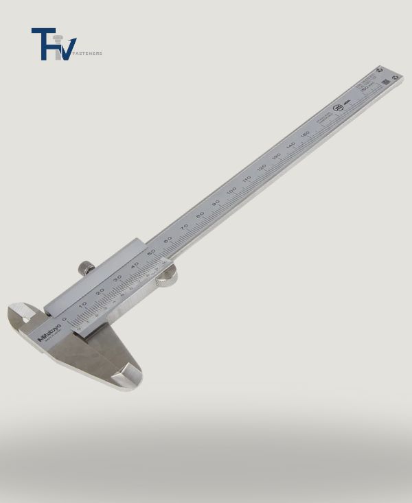 A Mitutoyo stainless steel caliper from THV Fasteners' lab, a fundamental tool for accurate general dimensional measurement of fasteners.