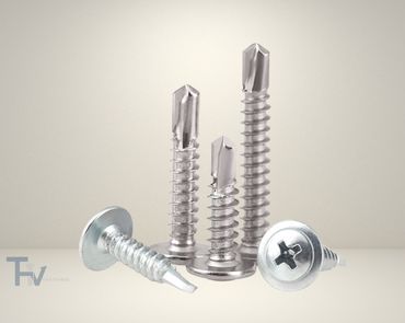 A set of three mushroom head screws (Wafer Head) with a star drive and self-drilling points from THV Fasteners, ideal for securing thin materials.