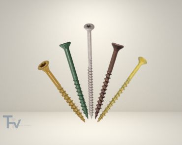 A fan-shaped collection of multicolored wood deck screws from THV Fasteners, designed with specialized coatings for outdoor durability and weather resistance.