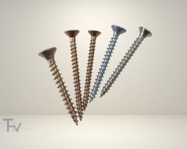 A fanned display of zinc-plated chipboard screws from THV Fasteners in various lengths, highlighting their versatility for furniture and woodworking applications.