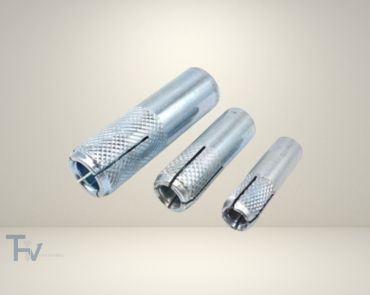 A set of three zinc-plated drop-in anchors from THV Fasteners, showcasing their internal threads and knurled bodies for secure, flush mounting in concrete.