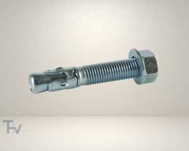 A single zinc-plated expansion anchor from THV Fasteners, complete with a hex nut and washer, designed for reliable fastening in concrete, brick, and block.