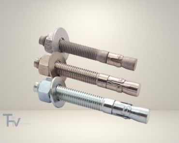 Three high-strength wedge anchors from THV Fasteners in various finishes, including zinc-plated and stainless steel, for heavy-duty structural fastening in concrete.