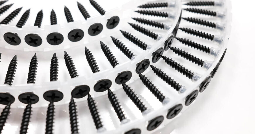 Close-up of black phosphate drywall screws with bugle head manufactured by THV Fasteners Vietnam