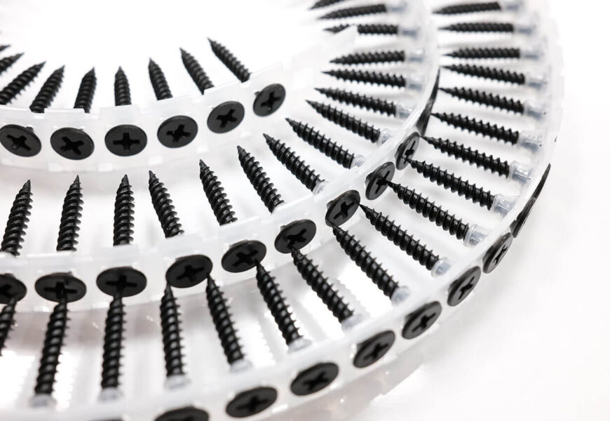 Close-up of black phosphate drywall screws with bugle head manufactured by THV Fasteners Vietnam